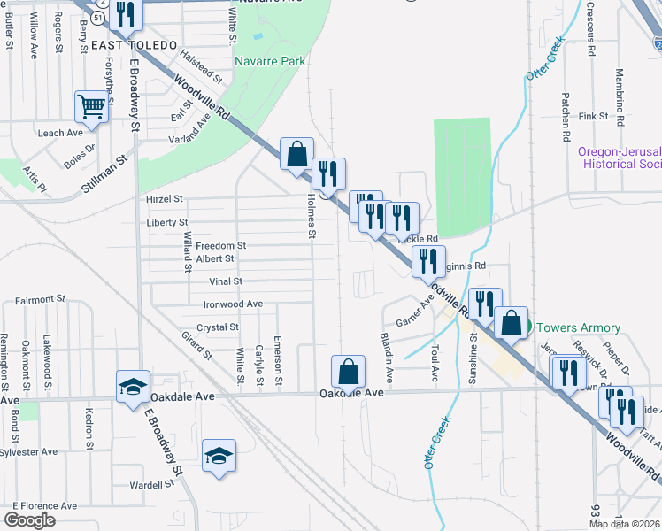 map of restaurants, bars, coffee shops, grocery stores, and more near 1355 Holmes Street in Toledo