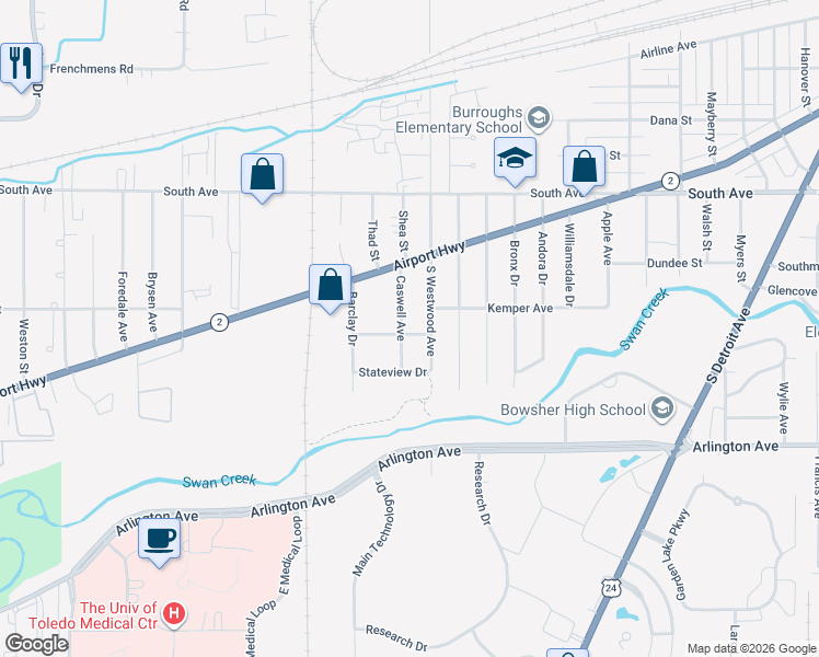 map of restaurants, bars, coffee shops, grocery stores, and more near 2601-2699 Burwell Drive in Toledo