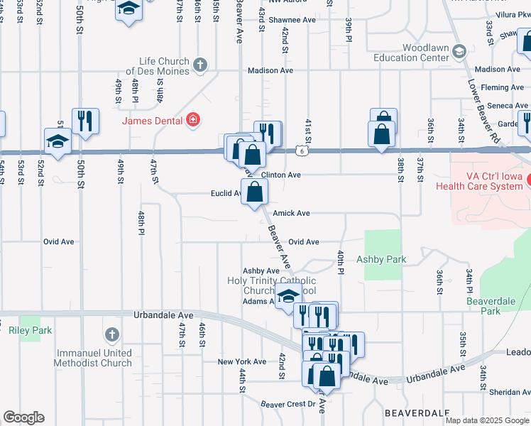 map of restaurants, bars, coffee shops, grocery stores, and more near 3520 Beaver Avenue in Des Moines