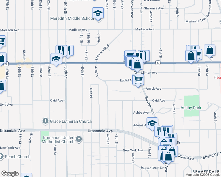 map of restaurants, bars, coffee shops, grocery stores, and more near 4611 Amick Avenue in Des Moines