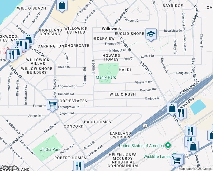 map of restaurants, bars, coffee shops, grocery stores, and more near 30028 Vineyard Road in Willowick