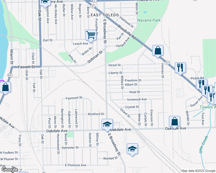 map of restaurants, bars, coffee shops, grocery stores, and more near 1354 E Broadway St in Toledo
