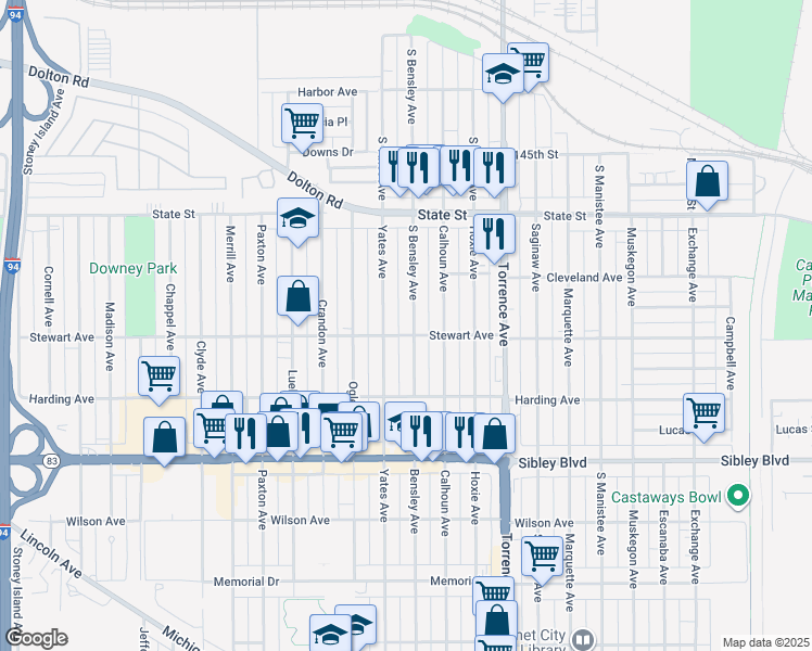map of restaurants, bars, coffee shops, grocery stores, and more near 365 Bensley Avenue in Calumet City