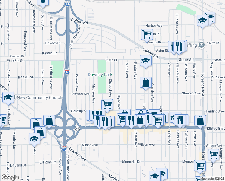 map of restaurants, bars, coffee shops, grocery stores, and more near 364 Clyde Avenue in Calumet City