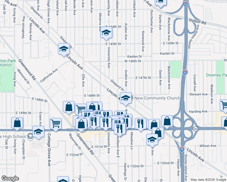 map of restaurants, bars, coffee shops, grocery stores, and more near 14743 Woodlawn Avenue in Dolton