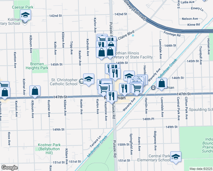 map of restaurants, bars, coffee shops, grocery stores, and more near 14633 Keystone Avenue in Midlothian