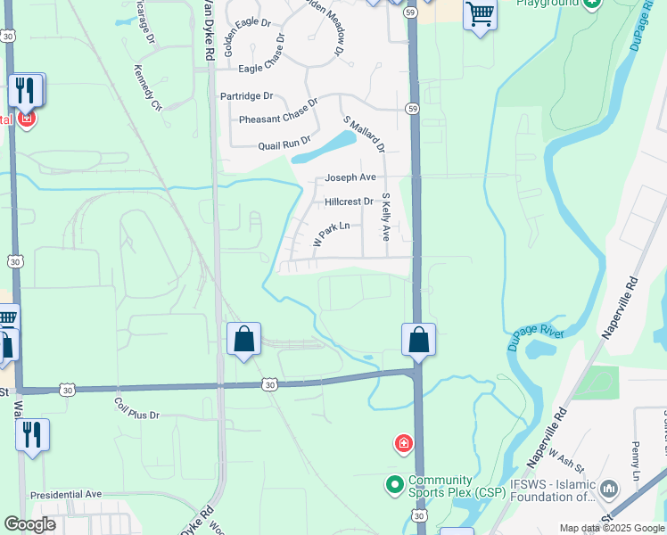 map of restaurants, bars, coffee shops, grocery stores, and more near 628 West Hazelcrest Drive in Plainfield