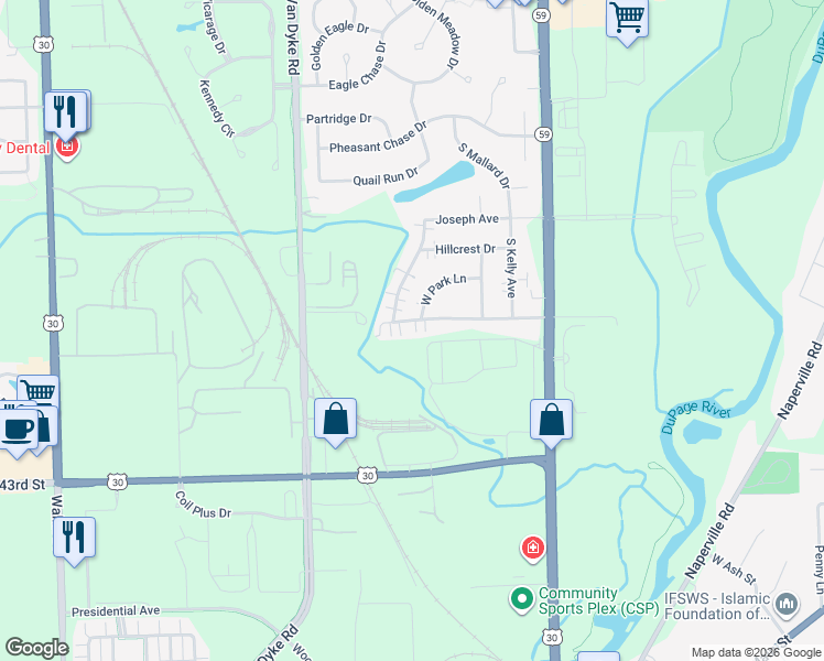map of restaurants, bars, coffee shops, grocery stores, and more near 628 West Hazelcrest Drive in Plainfield