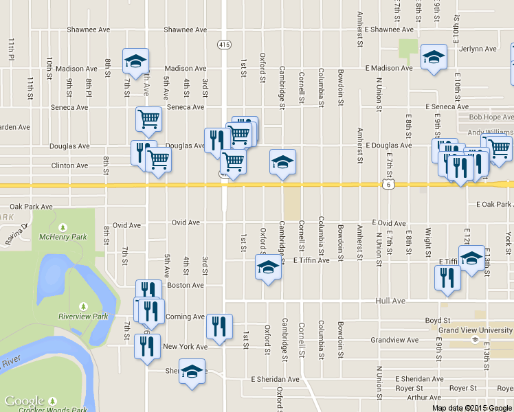 map of restaurants, bars, coffee shops, grocery stores, and more near 3416 Oxford Street in Des Moines