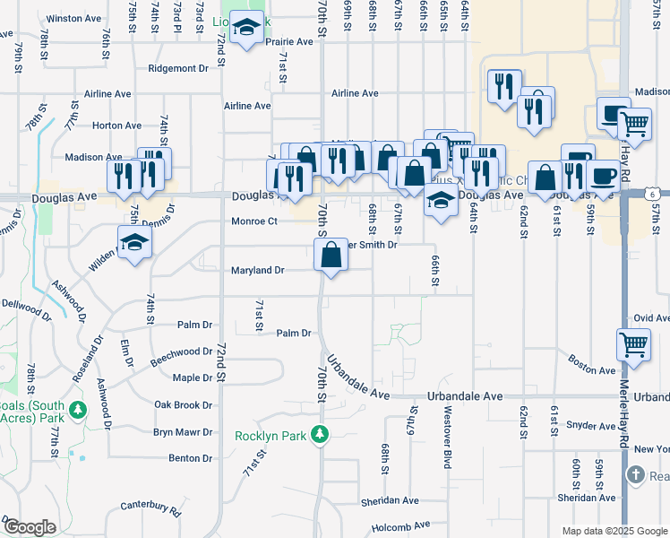 map of restaurants, bars, coffee shops, grocery stores, and more near 6900 Maryland Drive in Urbandale