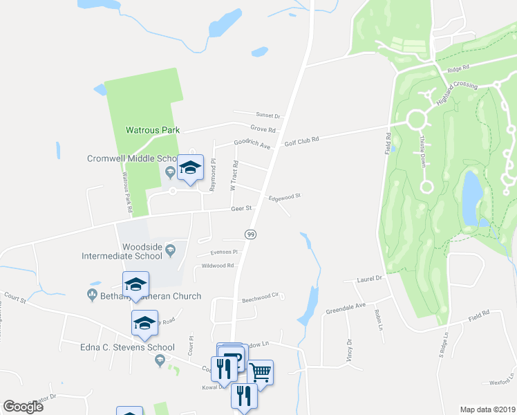 map of restaurants, bars, coffee shops, grocery stores, and more near 1 Geer Street in Cromwell