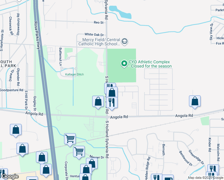 map of restaurants, bars, coffee shops, grocery stores, and more near 80 Cross Lane in Toledo