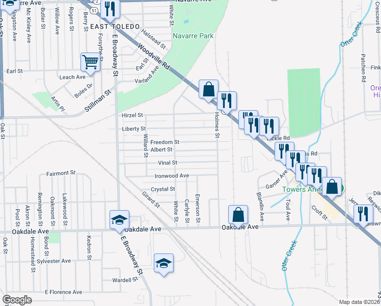 map of restaurants, bars, coffee shops, grocery stores, and more near 1428 Albert Street in Toledo