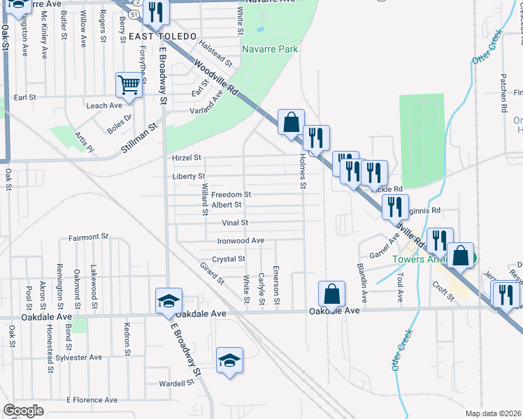 map of restaurants, bars, coffee shops, grocery stores, and more near 1428 Albert Street in Toledo