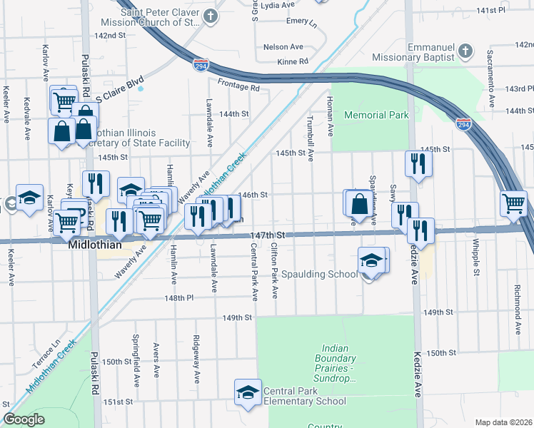 map of restaurants, bars, coffee shops, grocery stores, and more near 14635 Clifton Park Avenue in Midlothian