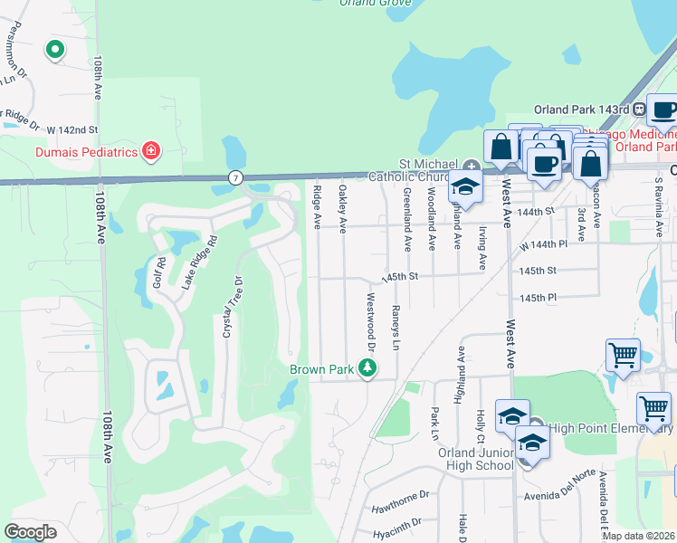 map of restaurants, bars, coffee shops, grocery stores, and more near 14456 Oakley Avenue in Orland Park