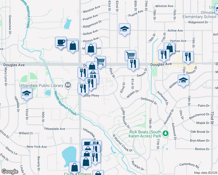 map of restaurants, bars, coffee shops, grocery stores, and more near 8301 Colby Parkway in Urbandale