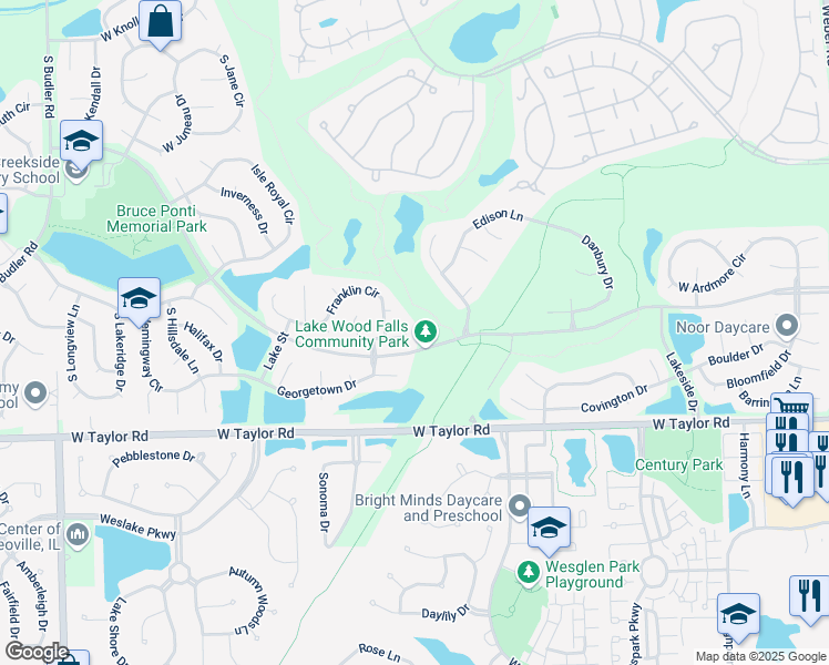 map of restaurants, bars, coffee shops, grocery stores, and more near 21413 Frost Court in Plainfield