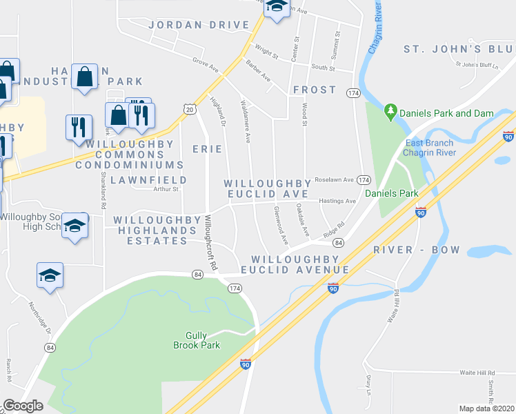 map of restaurants, bars, coffee shops, grocery stores, and more near 4863 Waldamere Avenue in Willoughby