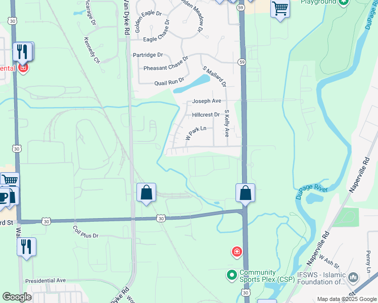 map of restaurants, bars, coffee shops, grocery stores, and more near 628 W Hazelcrest Dr in Plainfield