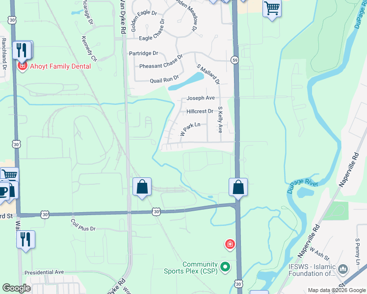 map of restaurants, bars, coffee shops, grocery stores, and more near 628 West Hazelcrest Drive in Plainfield