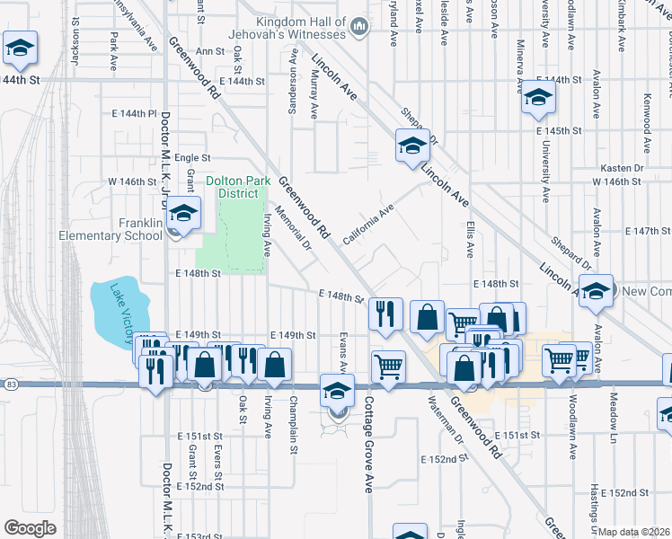 map of restaurants, bars, coffee shops, grocery stores, and more near 14760 Memorial Drive in Dolton
