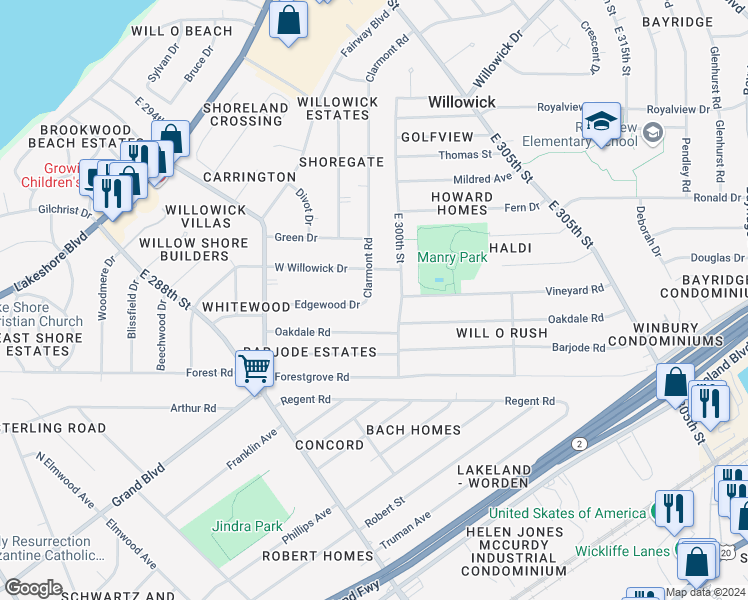 map of restaurants, bars, coffee shops, grocery stores, and more near 459 Clarmont Road in Willowick