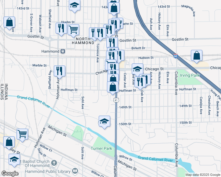 map of restaurants, bars, coffee shops, grocery stores, and more near 732-748 Hoffman St in Hammond