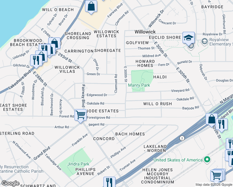 map of restaurants, bars, coffee shops, grocery stores, and more near 29326 Edgewood Drive in Willowick