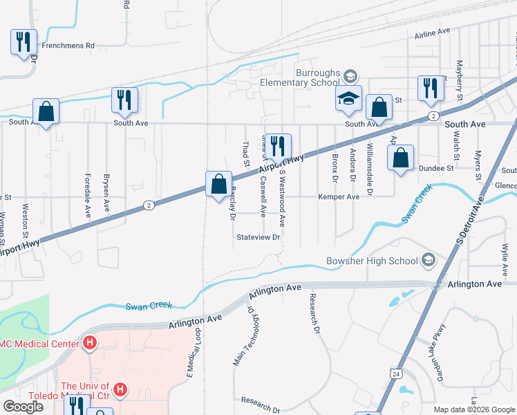 map of restaurants, bars, coffee shops, grocery stores, and more near 2721 Burwell Drive in Toledo