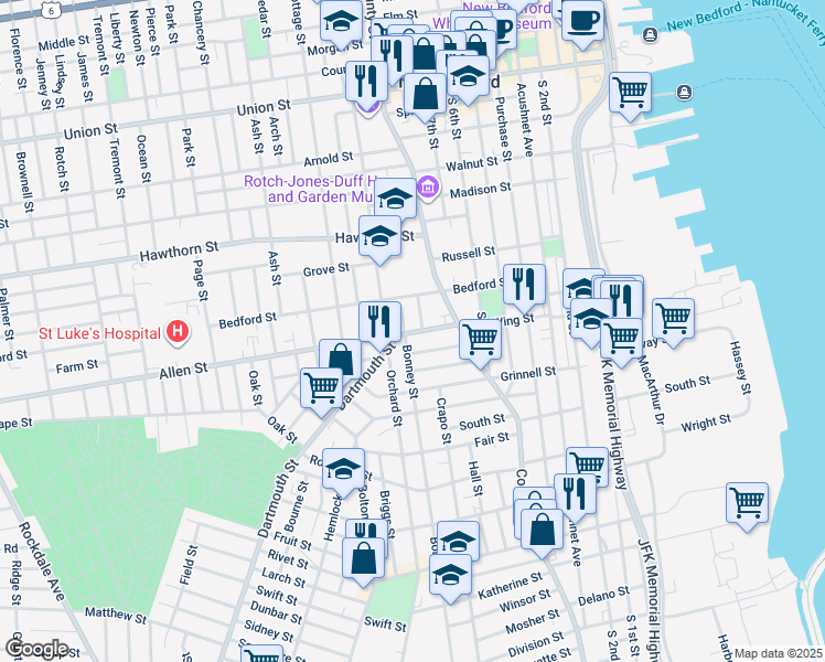 map of restaurants, bars, coffee shops, grocery stores, and more near 8 Bonney Street in New Bedford