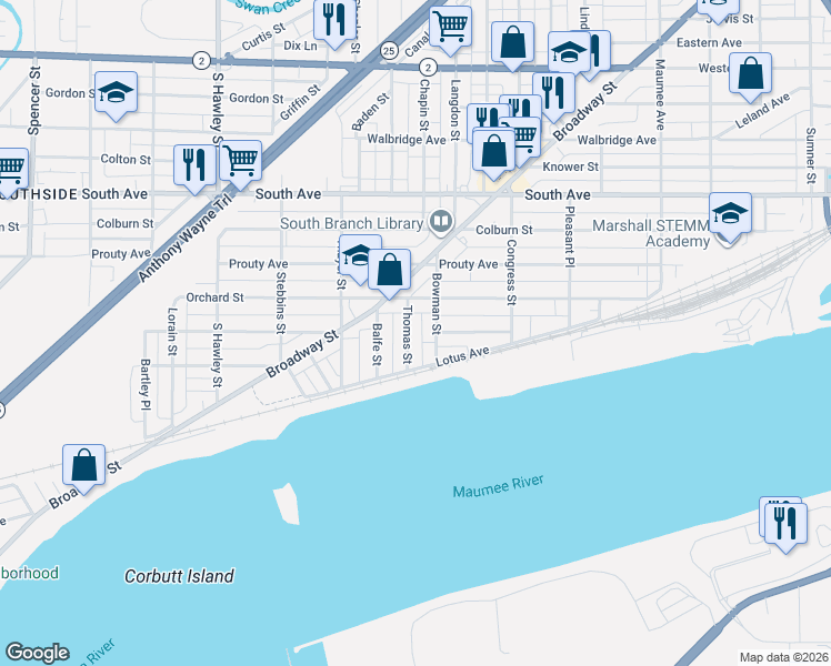 map of restaurants, bars, coffee shops, grocery stores, and more near 712 Bowman Street in Toledo