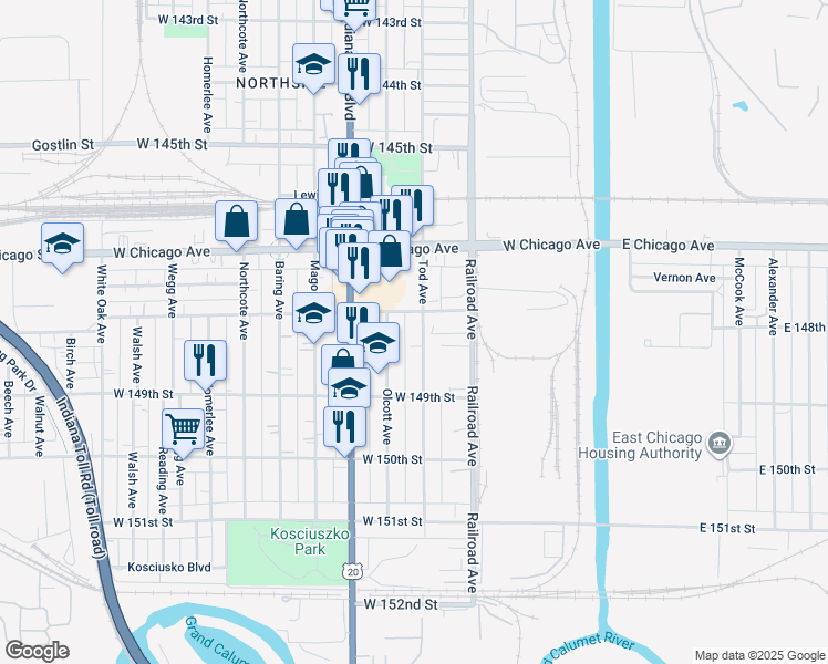 map of restaurants, bars, coffee shops, grocery stores, and more near 4824 Tod Avenue in East Chicago