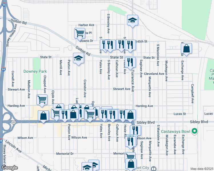 map of restaurants, bars, coffee shops, grocery stores, and more near 365 Bensley Avenue in Calumet City