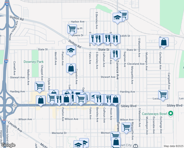 map of restaurants, bars, coffee shops, grocery stores, and more near 365 Yates Avenue in Calumet City