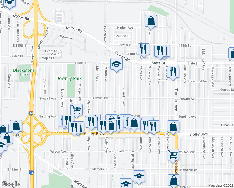 map of restaurants, bars, coffee shops, grocery stores, and more near 364 Crandon Avenue in Calumet City