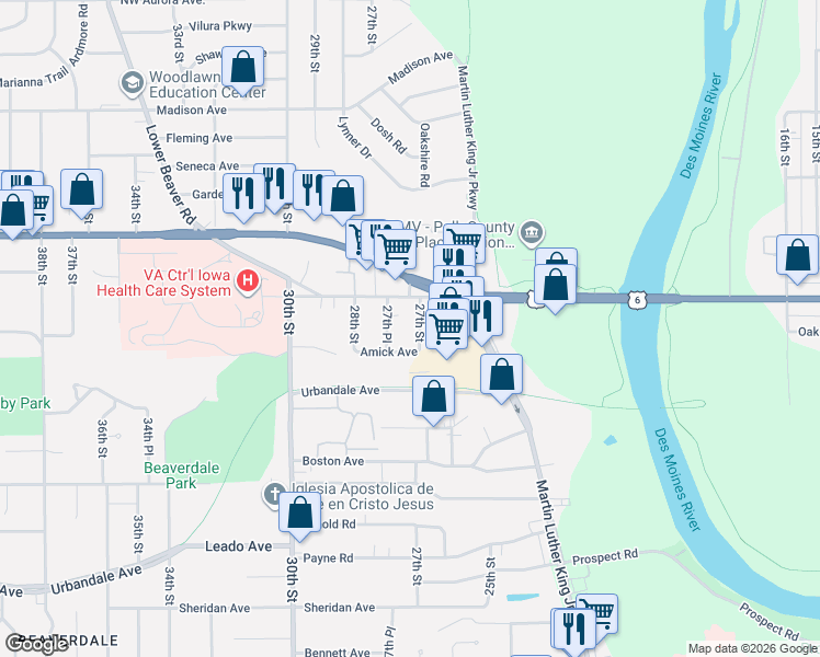 map of restaurants, bars, coffee shops, grocery stores, and more near 3508 27th Street in Des Moines