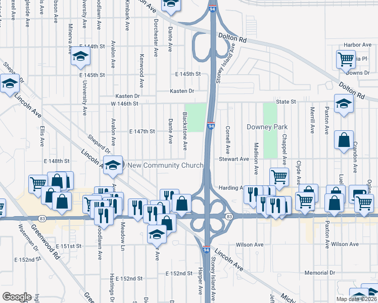 map of restaurants, bars, coffee shops, grocery stores, and more near 14737 Blackstone Avenue in Dolton