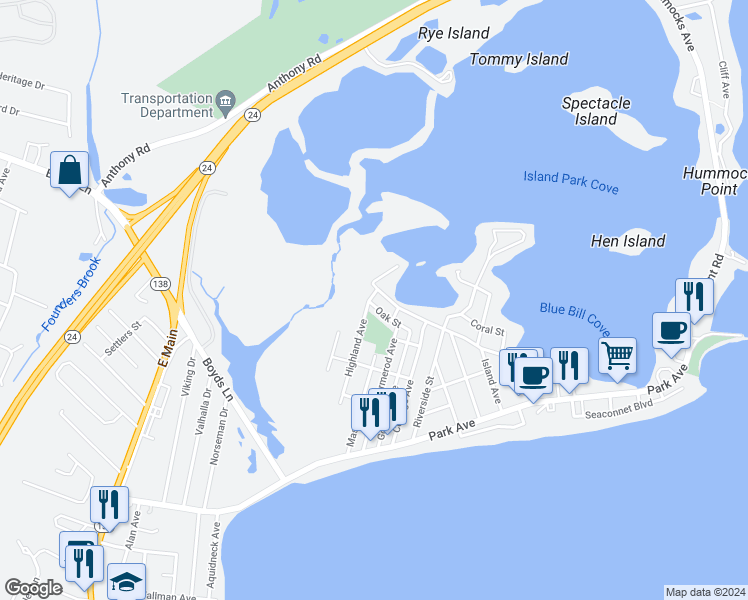 map of restaurants, bars, coffee shops, grocery stores, and more near 55 Oak Street in Portsmouth