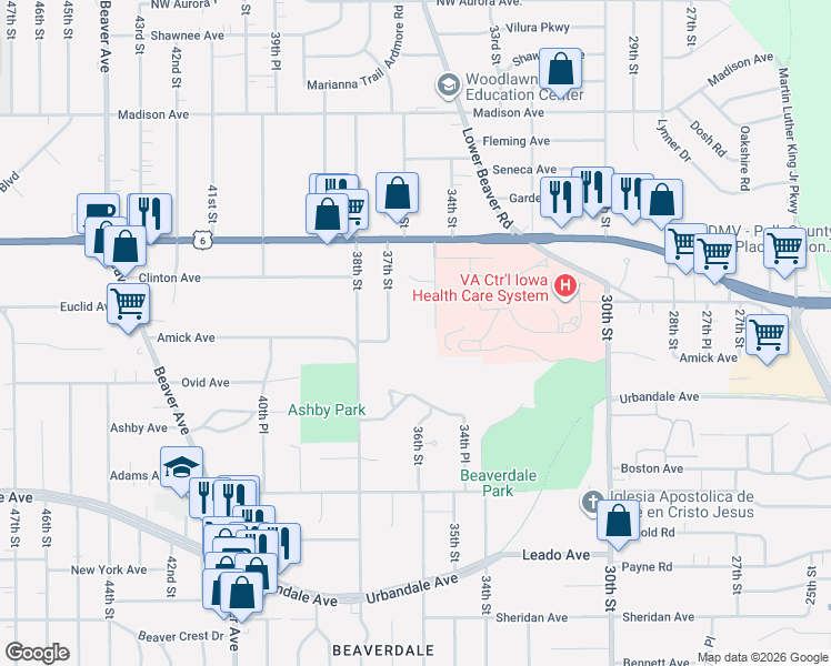 map of restaurants, bars, coffee shops, grocery stores, and more near 3500 36th Street in Des Moines