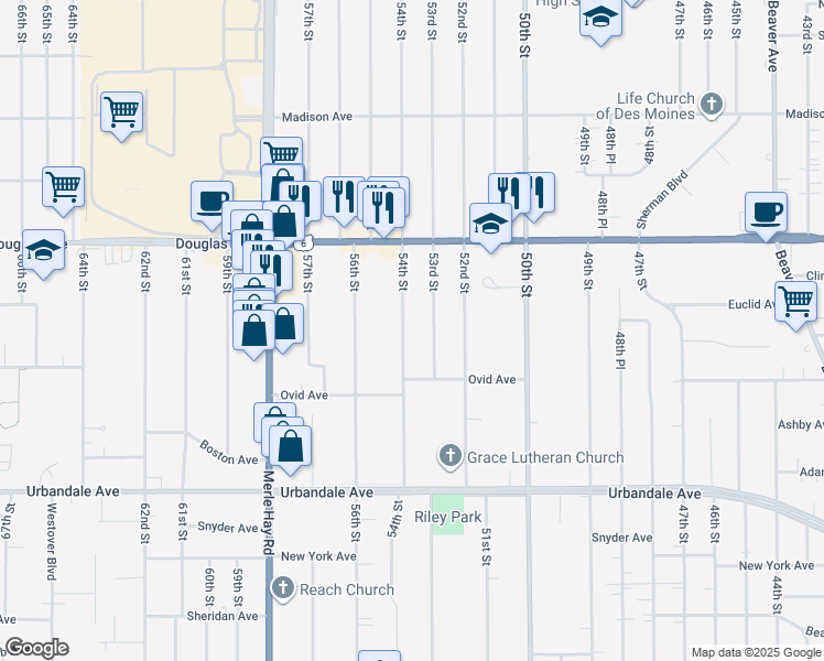 map of restaurants, bars, coffee shops, grocery stores, and more near 3428 53rd Street in Des Moines