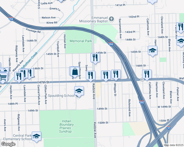 map of restaurants, bars, coffee shops, grocery stores, and more near 14637 Sawyer Avenue in Midlothian