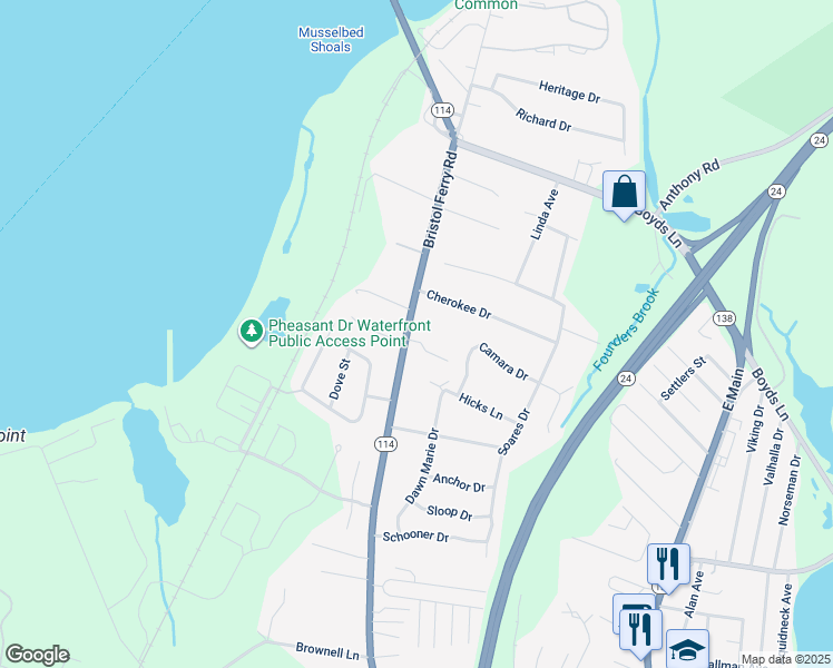 map of restaurants, bars, coffee shops, grocery stores, and more near 34 Mello Terrace in Portsmouth