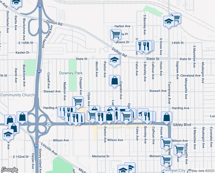 map of restaurants, bars, coffee shops, grocery stores, and more near 367 Paxton Avenue in Calumet City