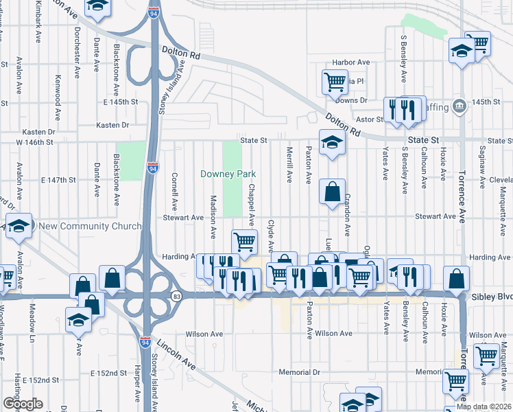 map of restaurants, bars, coffee shops, grocery stores, and more near 364 Clyde Avenue in Calumet City