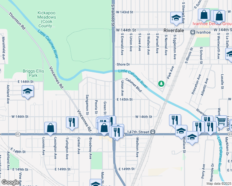 map of restaurants, bars, coffee shops, grocery stores, and more near 14445 South Halsted Street in Harvey