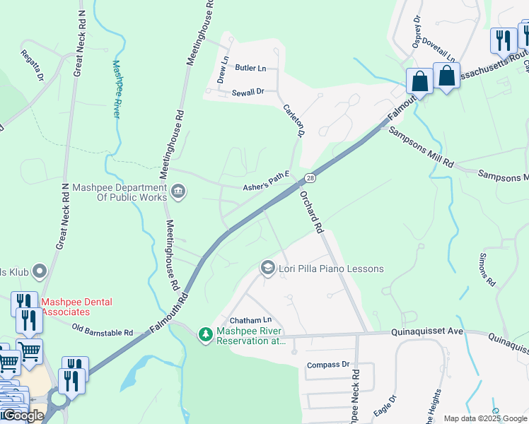 map of restaurants, bars, coffee shops, grocery stores, and more near 300 Falmouth Road in Mashpee