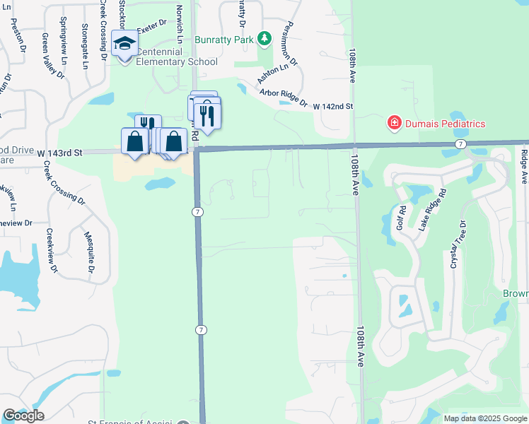 map of restaurants, bars, coffee shops, grocery stores, and more near 11021 Deer Haven Lane in Orland Park