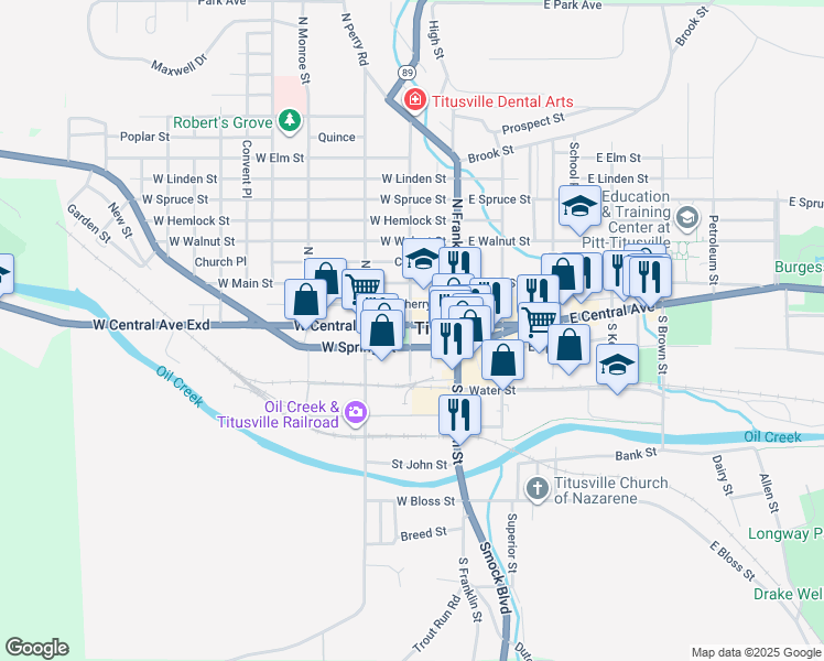 map of restaurants, bars, coffee shops, grocery stores, and more near 202 West Spring Street in Titusville