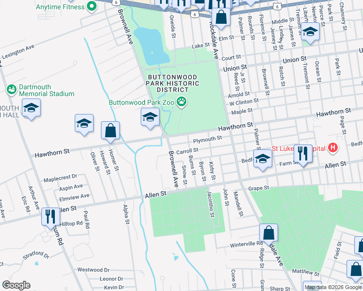 map of restaurants, bars, coffee shops, grocery stores, and more near 300 Carroll Street in New Bedford